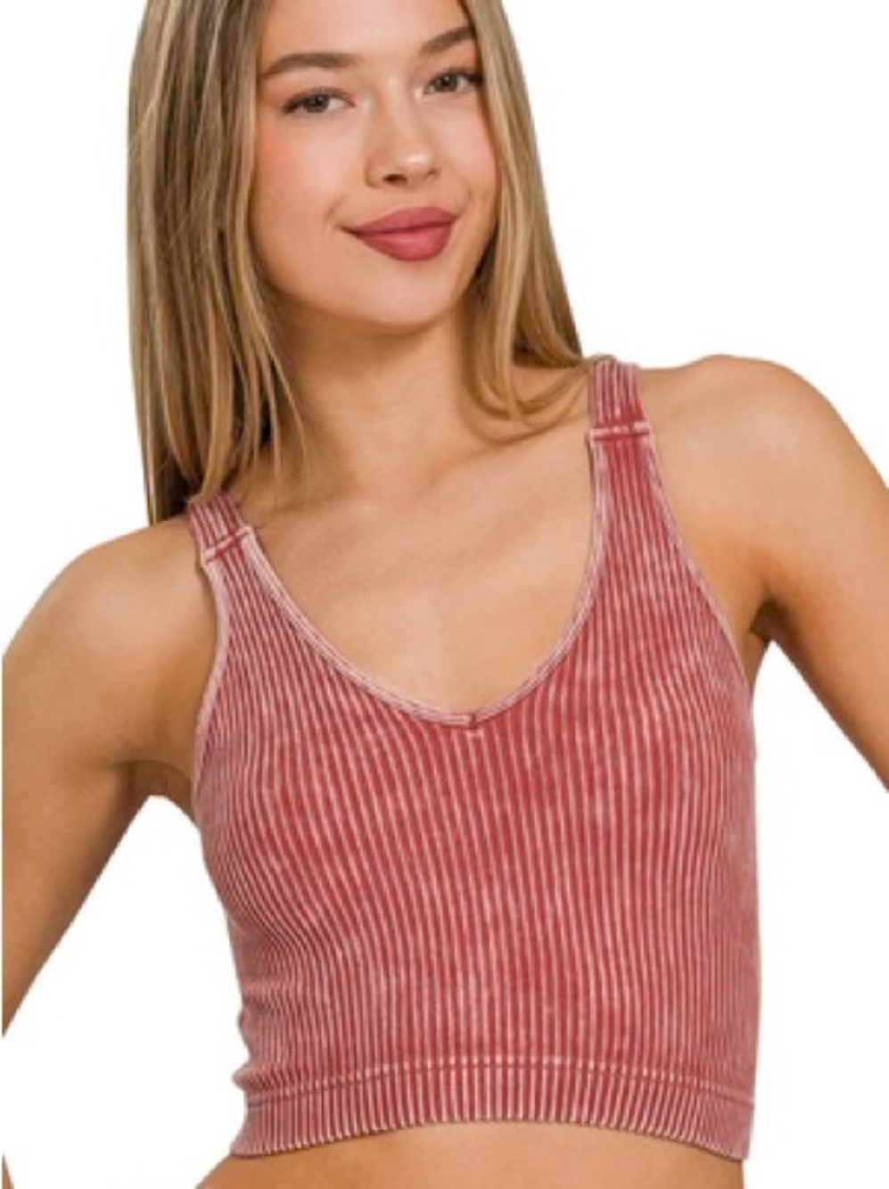 Washed Rust Ribbed Cropped Bra Padded V-neck Tank Top